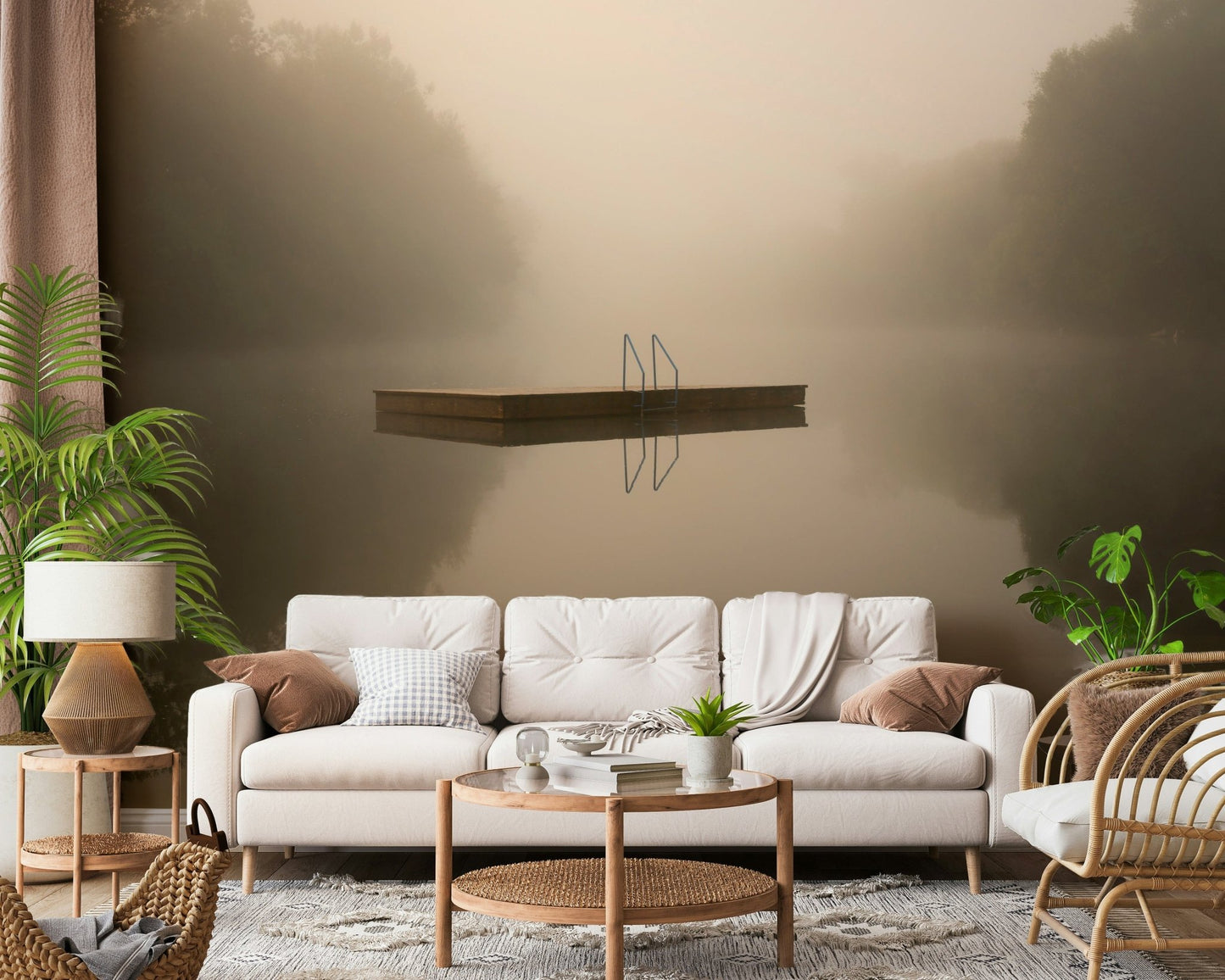 A peaceful open country mural on decorative wallpaper.