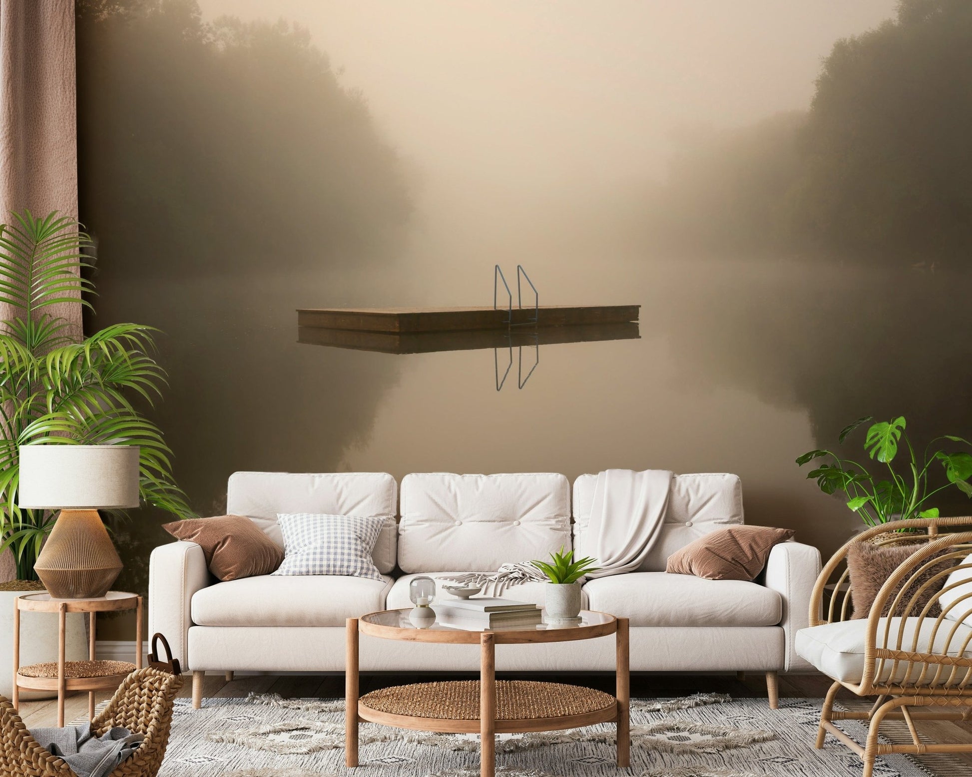 A peaceful open country mural on decorative wallpaper.