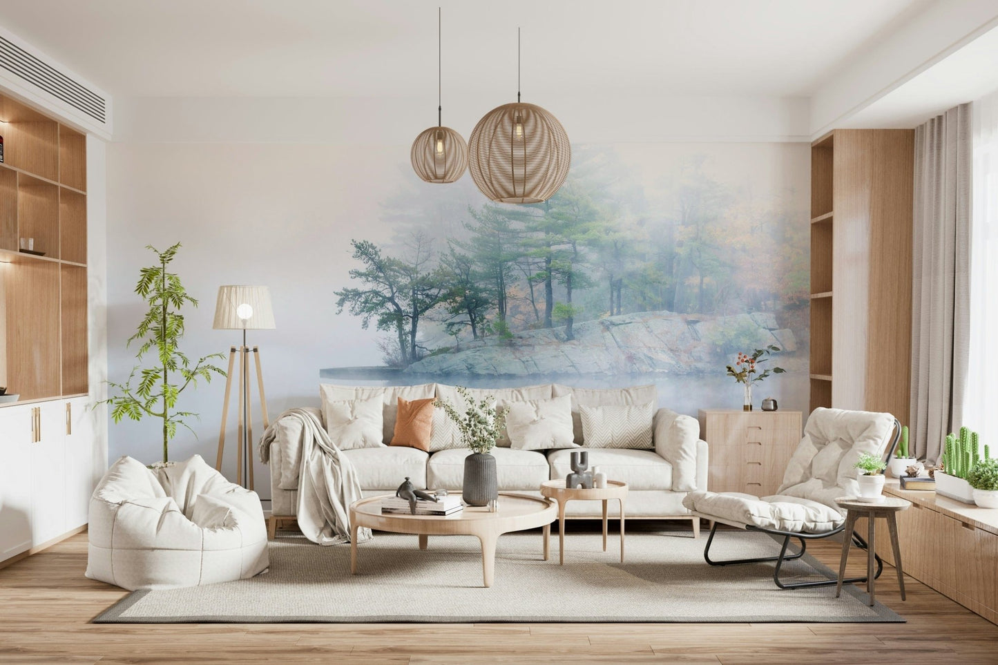 Stunning foggy inlet view, Misty Lake Serenity Woodland, mystical lake reflection image.