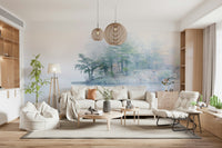 Stunning foggy inlet view, Misty Lake Serenity Woodland, mystical lake reflection image.