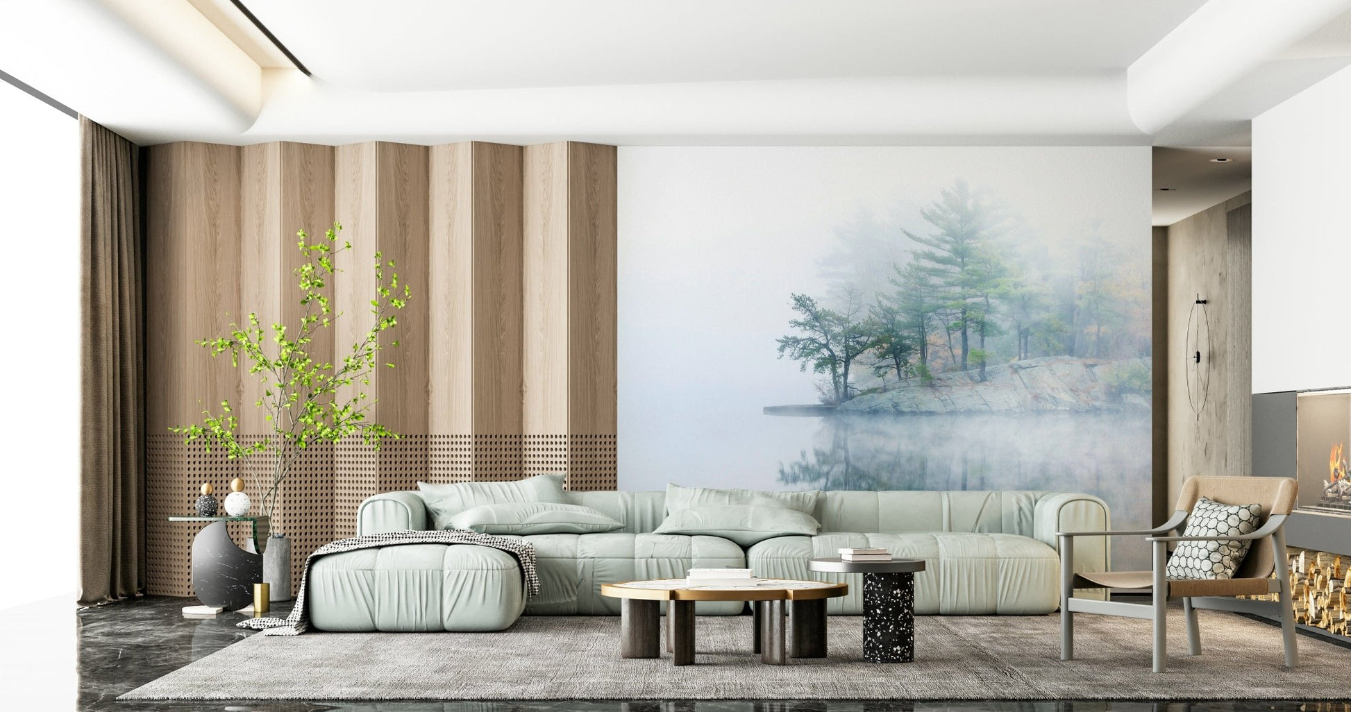 Misty Lake Serenity Woodland, a stunning wall decoration with quiet, reflective waters.