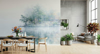 Captivating serene mural, Misty Lake Serenity Woodland, lovely water edge design.