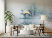 Ethereal forest scene, Misty Lake Serenity Woodland mural for walls, pine trees and vapor.