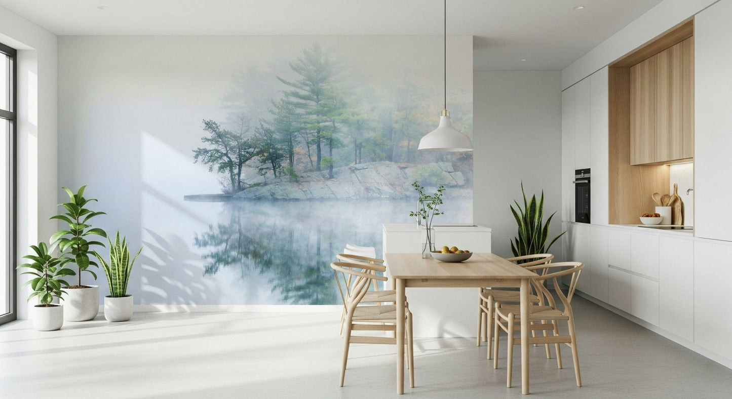 Decorate with Misty Lake Serenity Woodland, soothing vaporous panorama, liquid mirror effect.