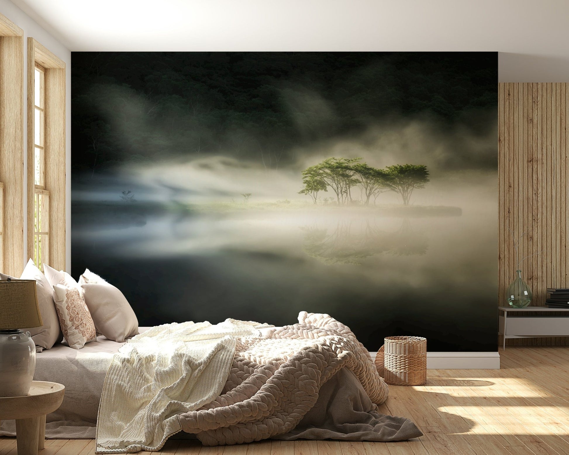 Ethereal morning scene, bright glow Misty Lake Woodland scenic wallpaper.