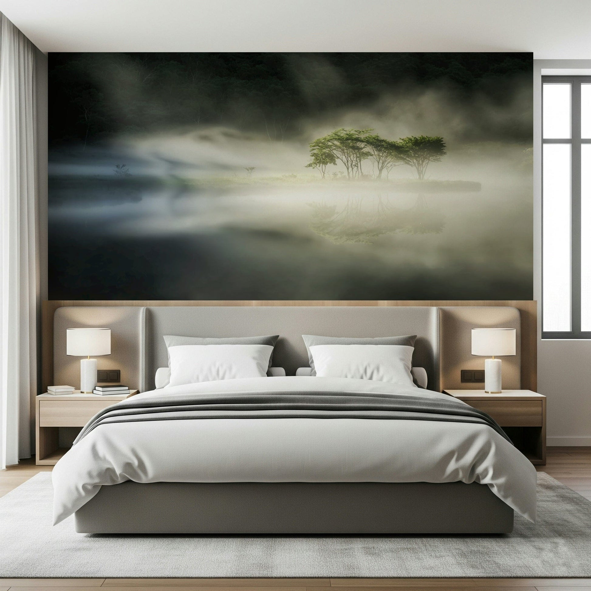 Delicate mist swirling over water Misty Lake Woodland feature wallpaper.