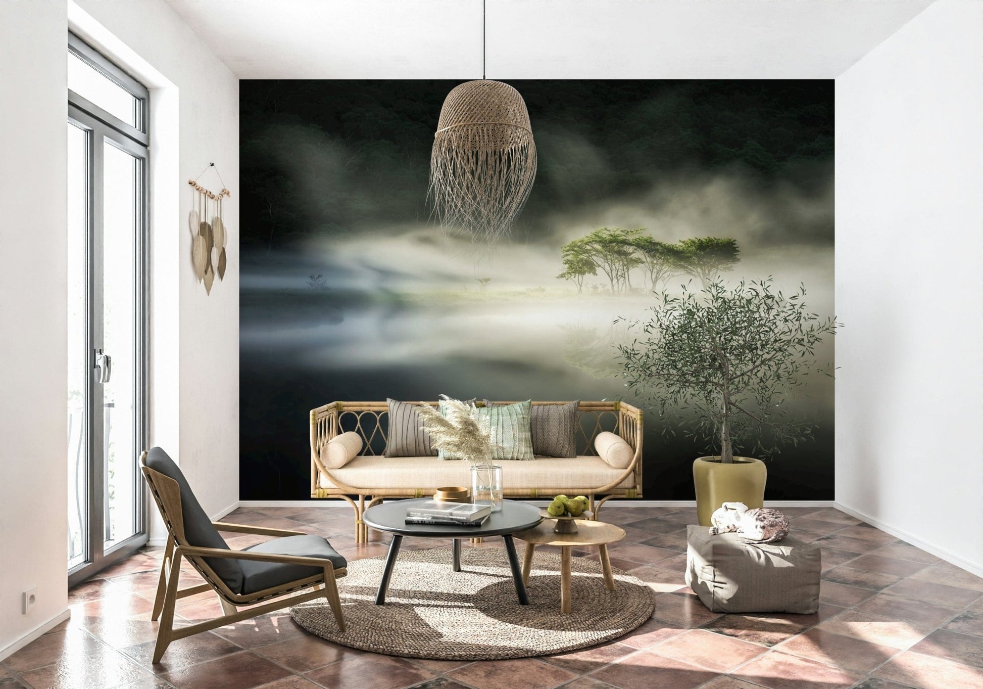 Quiet lake, mysterious atmosphere Misty Lake Woodland panoramic wall art.