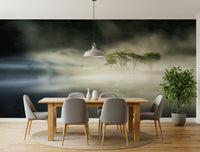 Tranquil island forest reflection Misty Lake Woodland accent wall covering.