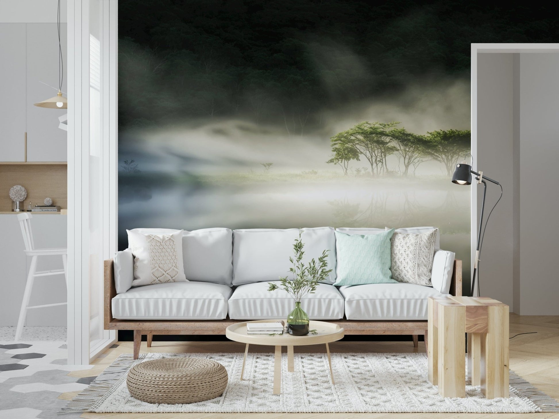 Calm water, distant dark woods Misty Lake Woodland wallcovering print.