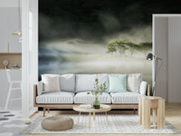 Calm water, distant dark woods Misty Lake Woodland wallcovering print.