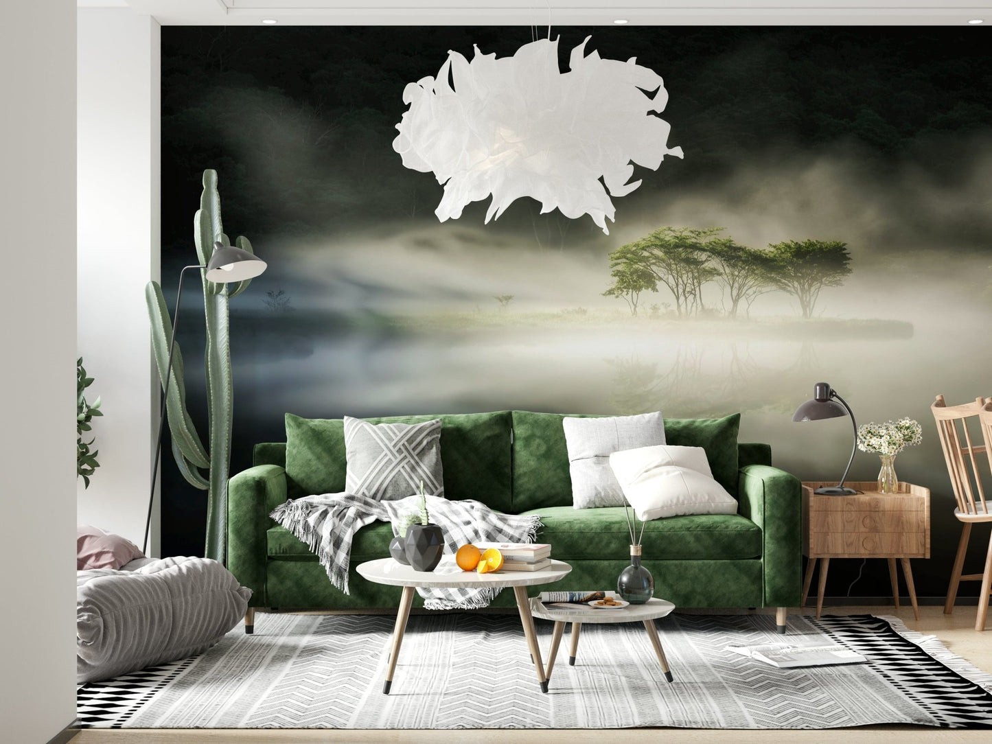Serene natural landscape backdrop Misty Lake Woodland home mural design.