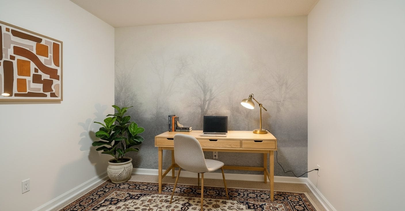 Artistic lakeside wallpaper in a light filled entryway setting.