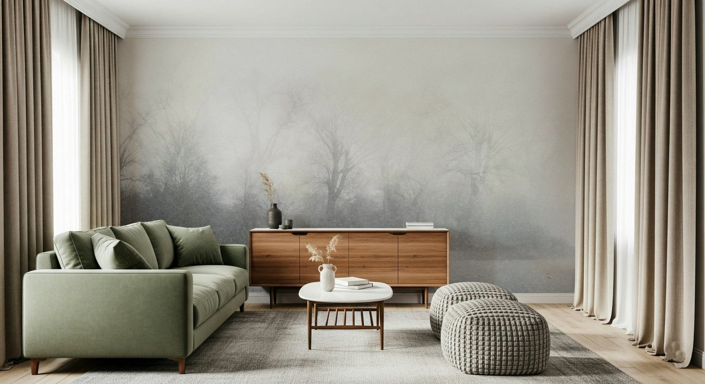 Misty Lake's Edge Wall Mural with soft fog in a calm living room.