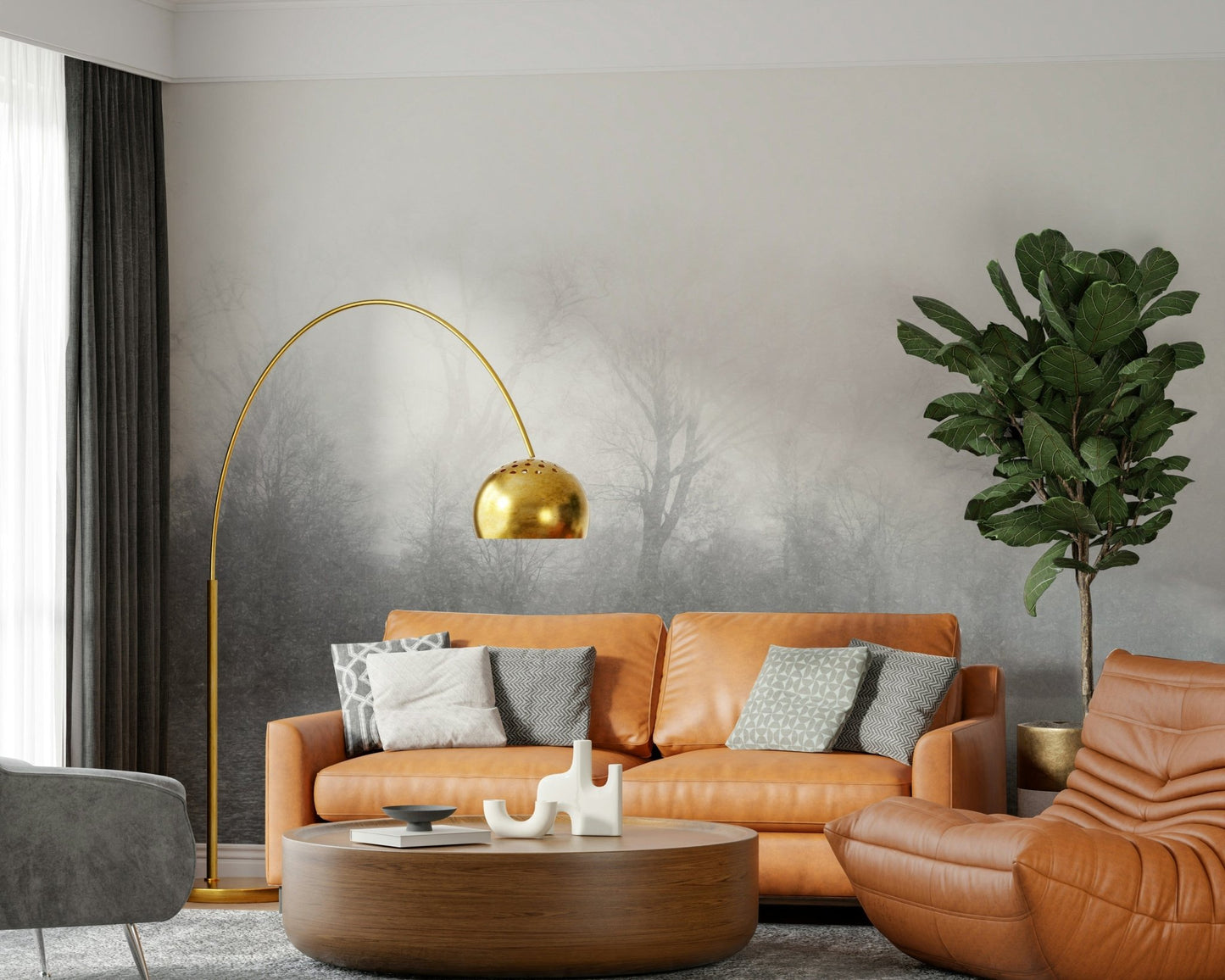 Blue toned nature wallpaper used as a focal point in a lounge.