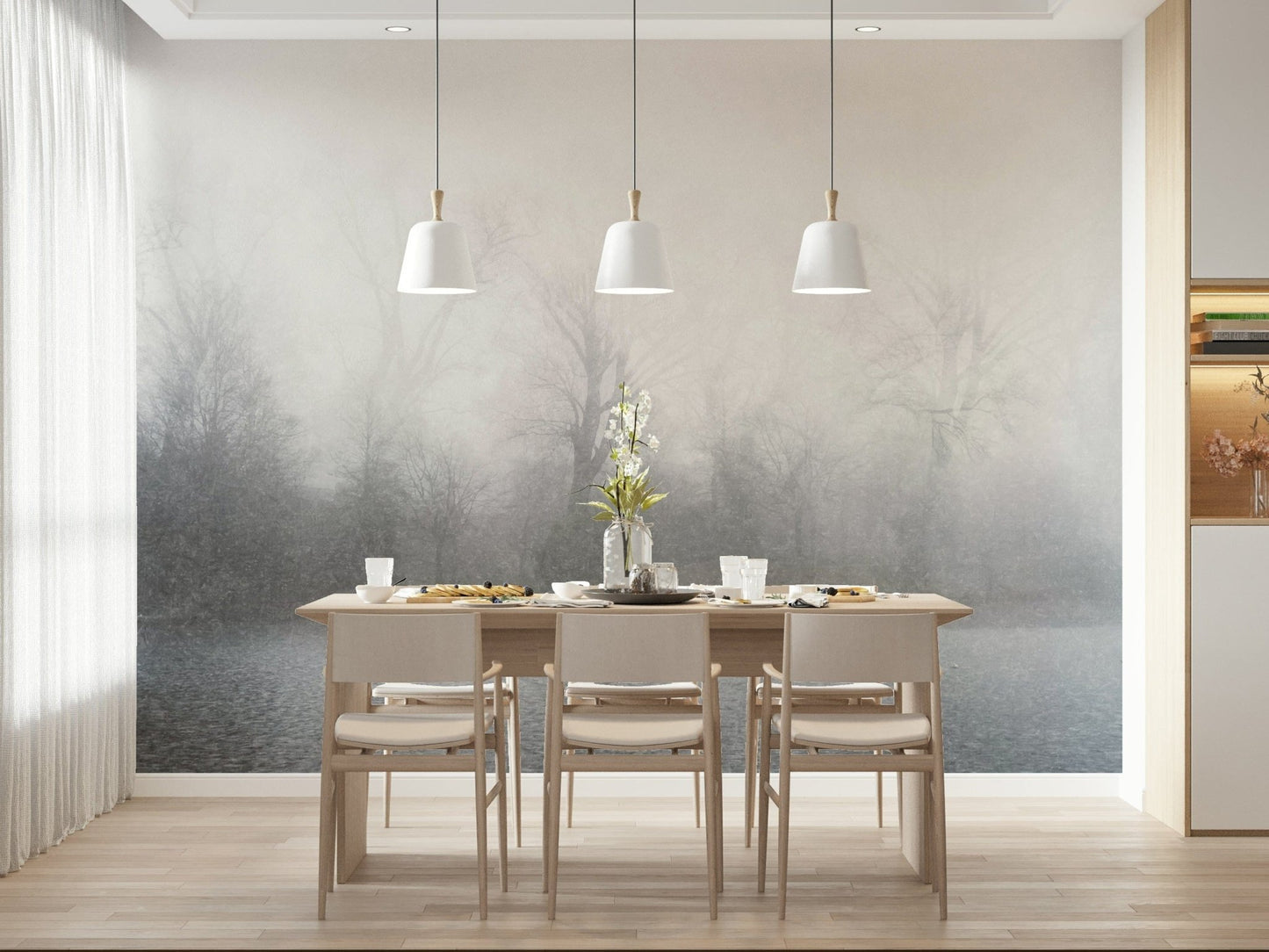 Serene water landscape wallpaper for a peaceful bedroom feature wall.