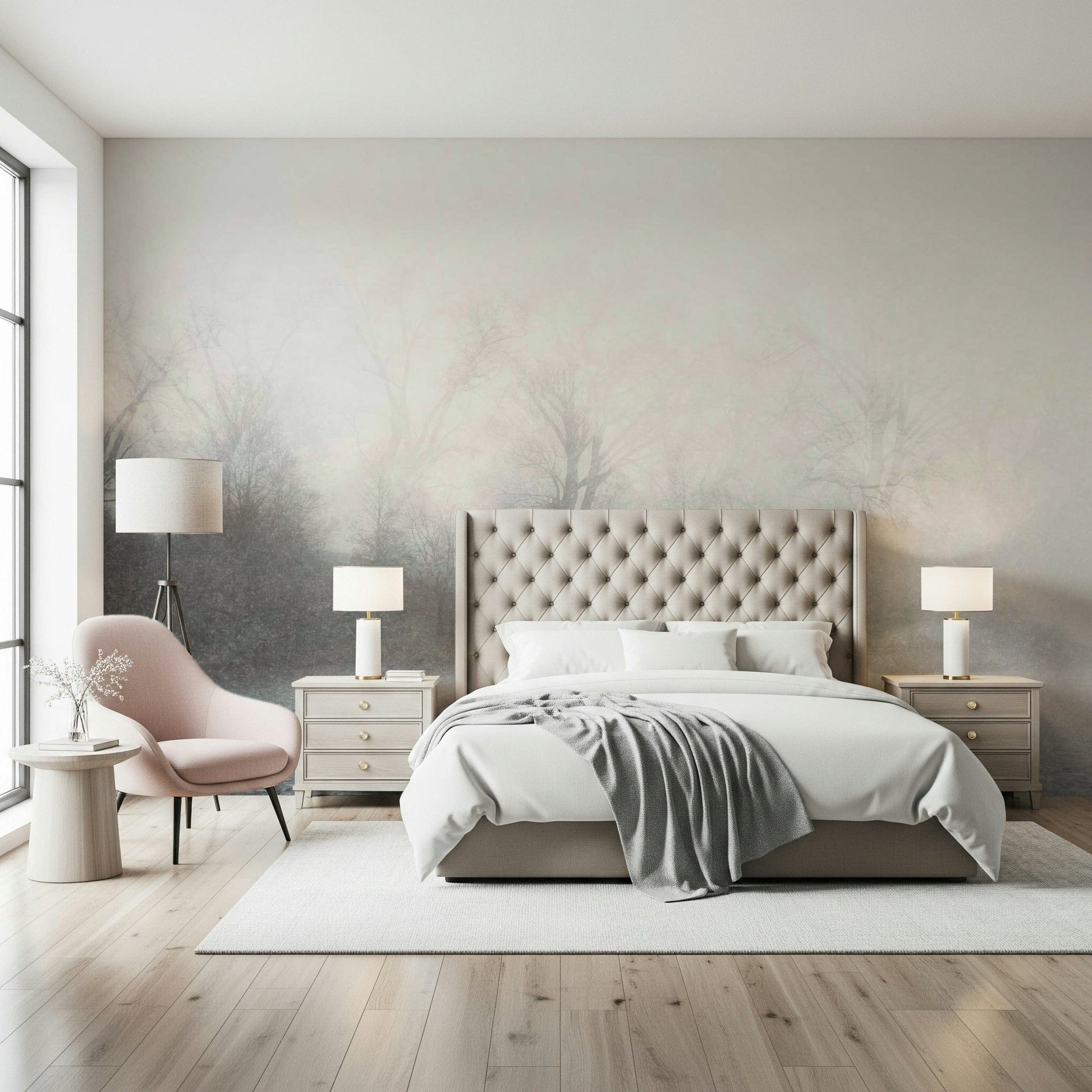 Atmospheric landscape wall mural for a contemporary hallway design.