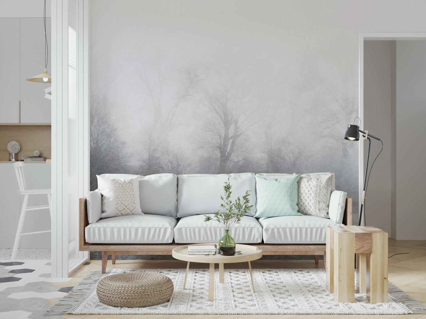 Misty Lake's Edge Wallpaper with mountain silhouettes in a dining area.