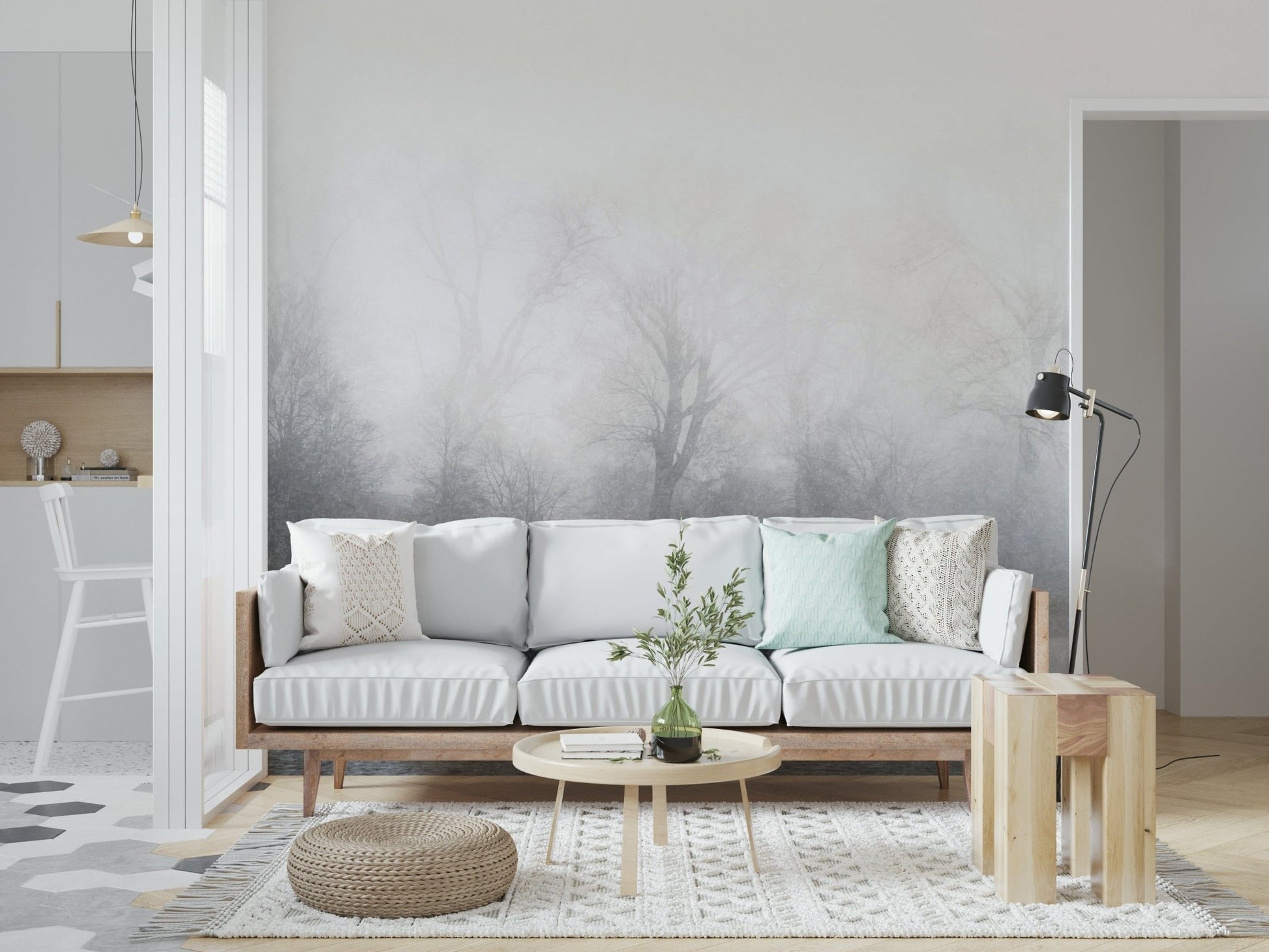 Misty Lake's Edge Wallpaper with mountain silhouettes in a dining area.