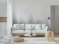 Misty Lake's Edge Wallpaper with mountain silhouettes in a dining area.