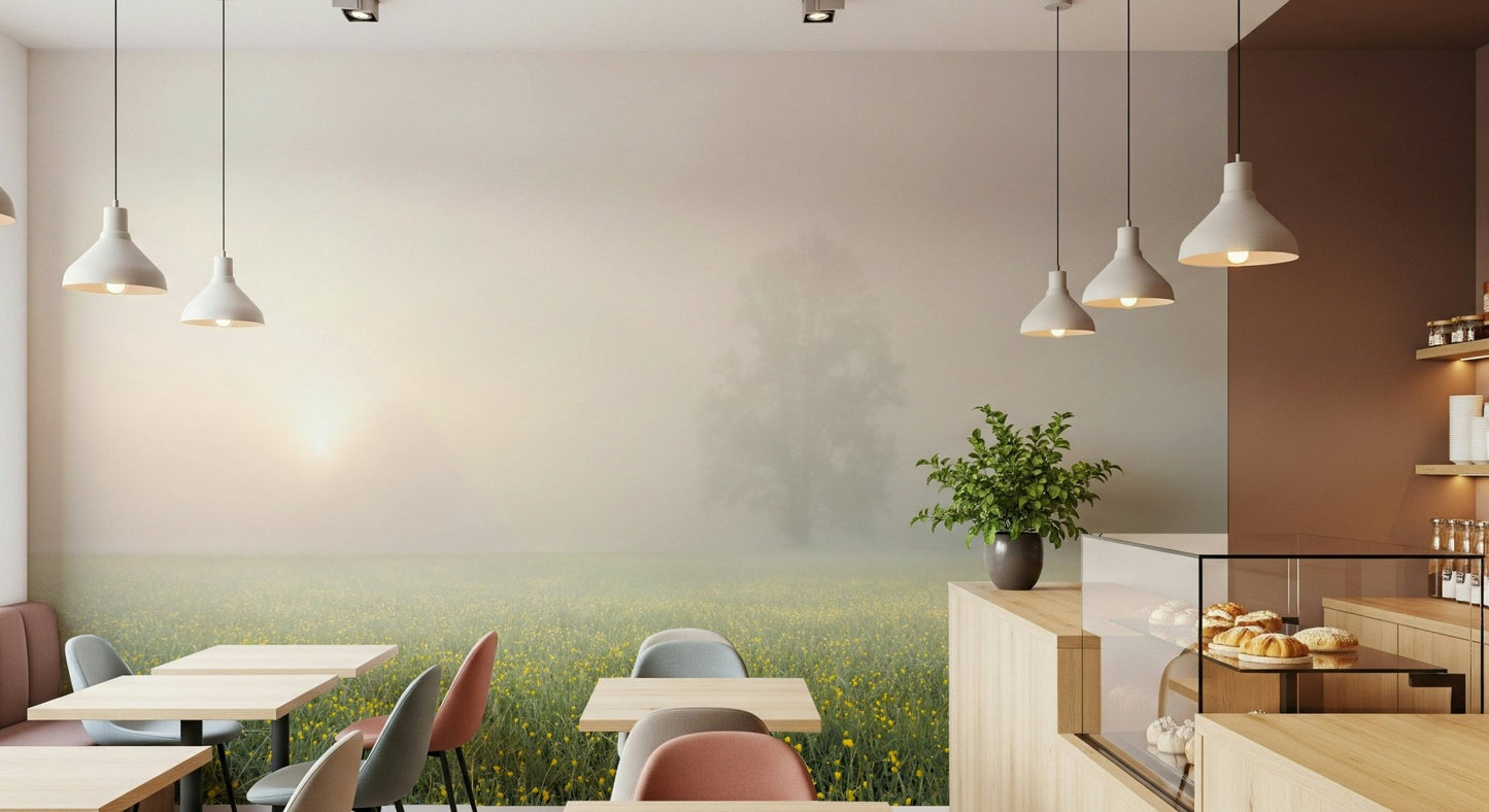 A peaceful meadow vista mural on decorative wallpaper.