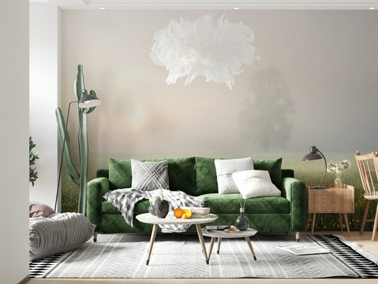 A beautiful ethereal floral wallpaper mural with misty meadow blooms.