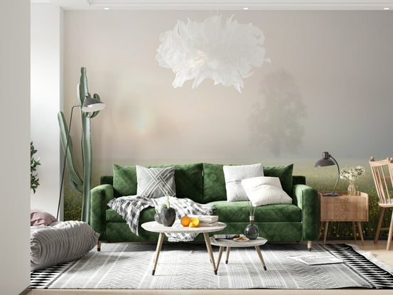 A beautiful ethereal floral wallpaper mural with misty meadow blooms., GD5754