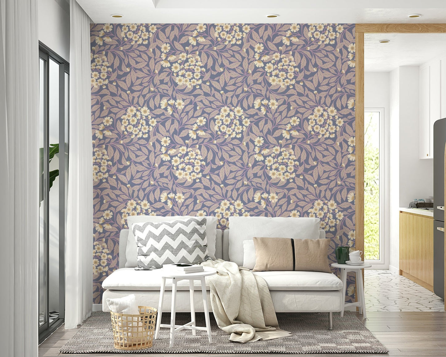 A wall mural of a peaceful meadow scene.

