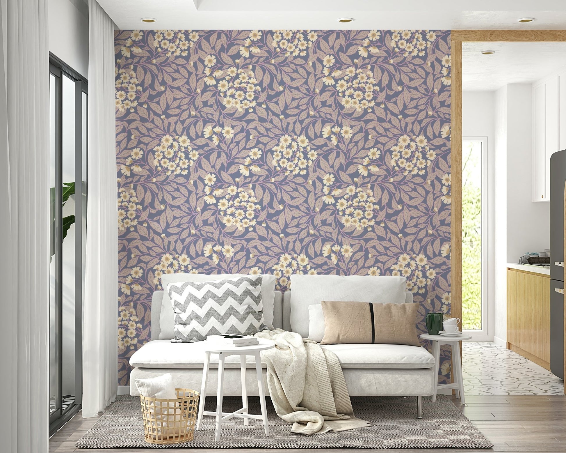 A wall mural of a peaceful meadow scene.

