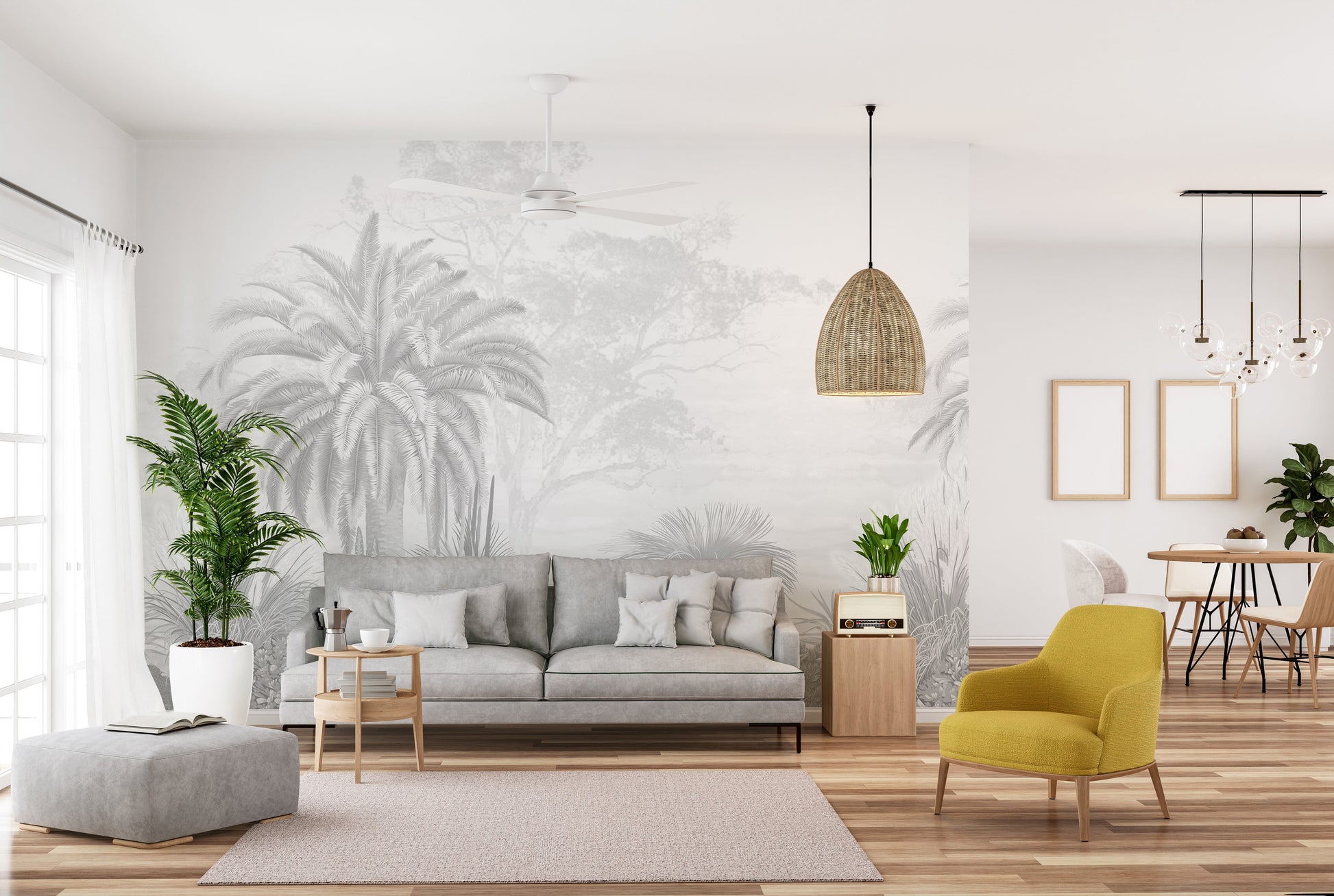 Foggy tropical palm wallpaper design
