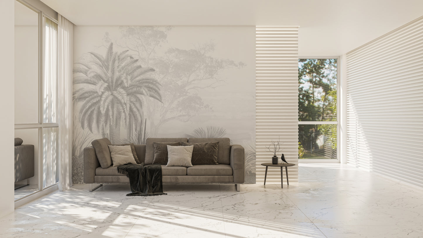 Soft-tone tropical palm wall mural
