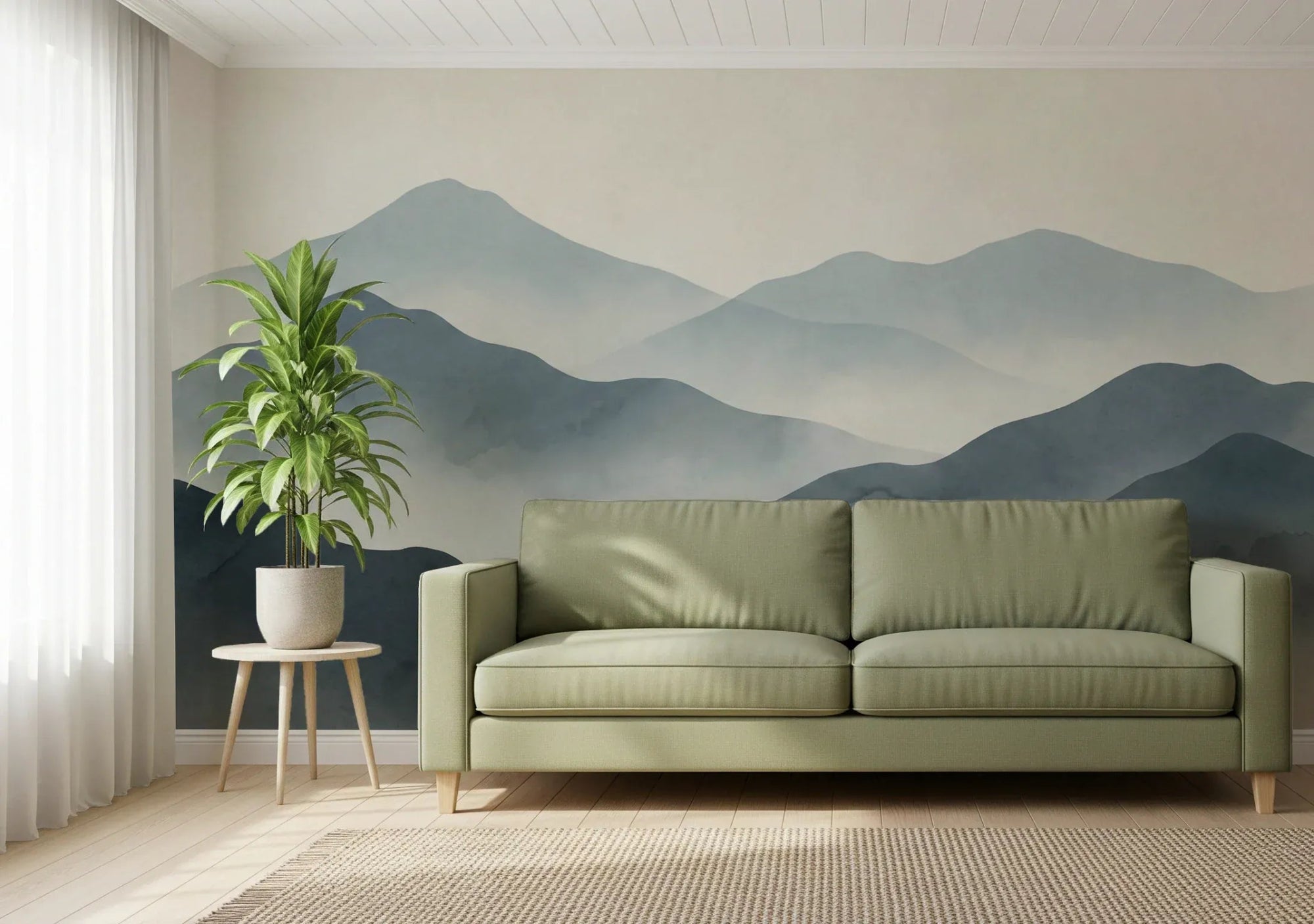 Hallway wall with Misty Mountain Haze wall mural and calm abstract mountain depth, GD8056
