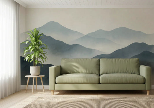 Hallway wall with Misty Mountain Haze wall mural and calm abstract mountain depth
