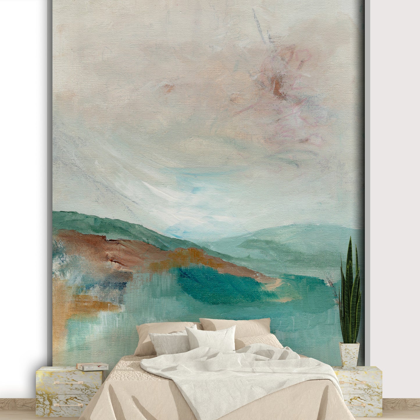 Foggy mountain landscape mural for calm spaces

