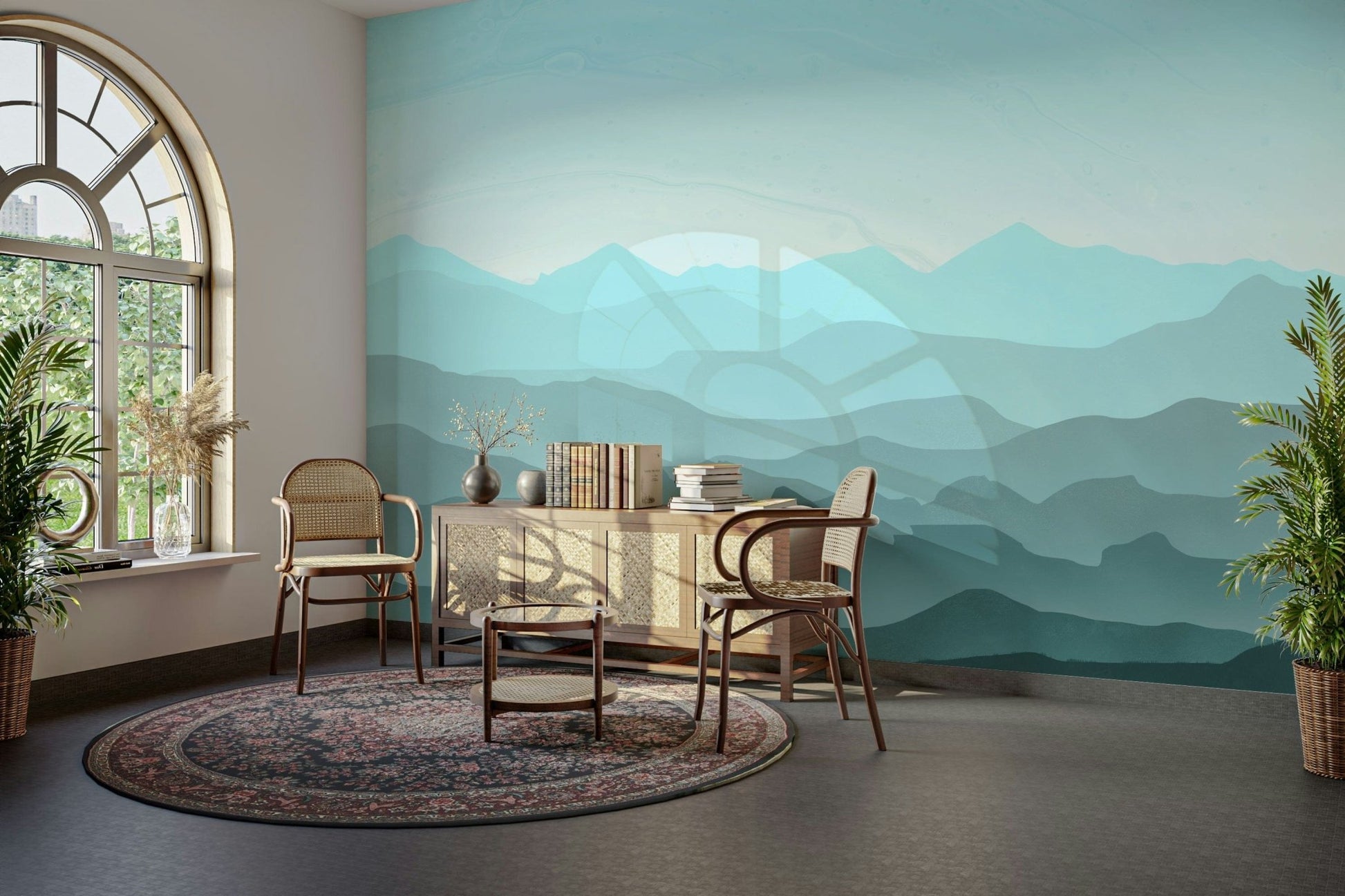 layered mountain wall mural design