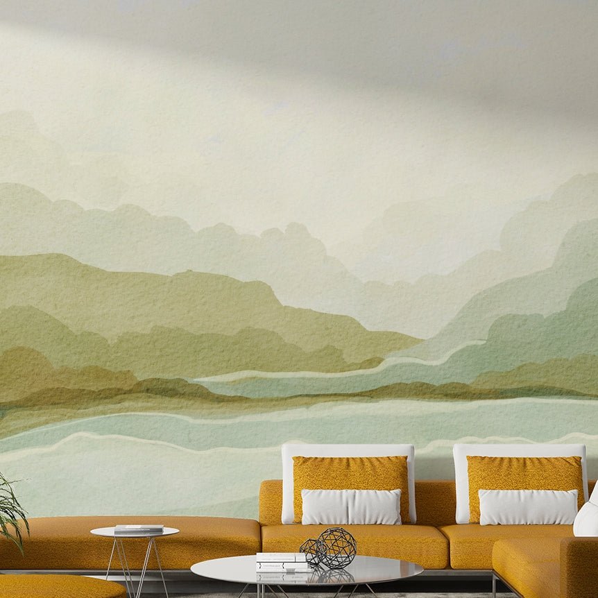 Artistic wall mural of mountain majesty in haze

