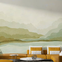 Artistic wall mural of mountain majesty in haze


