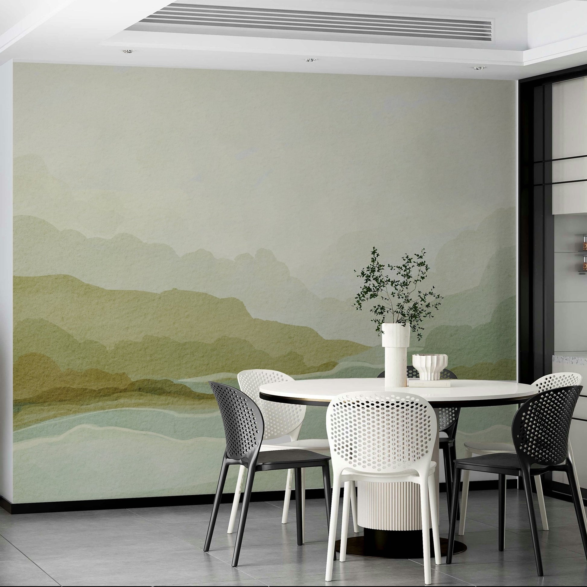Grand mountain landscape mural in soft mist tones

