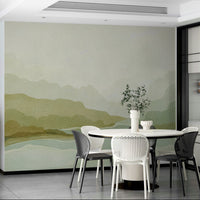 Grand mountain landscape mural in soft mist tones

