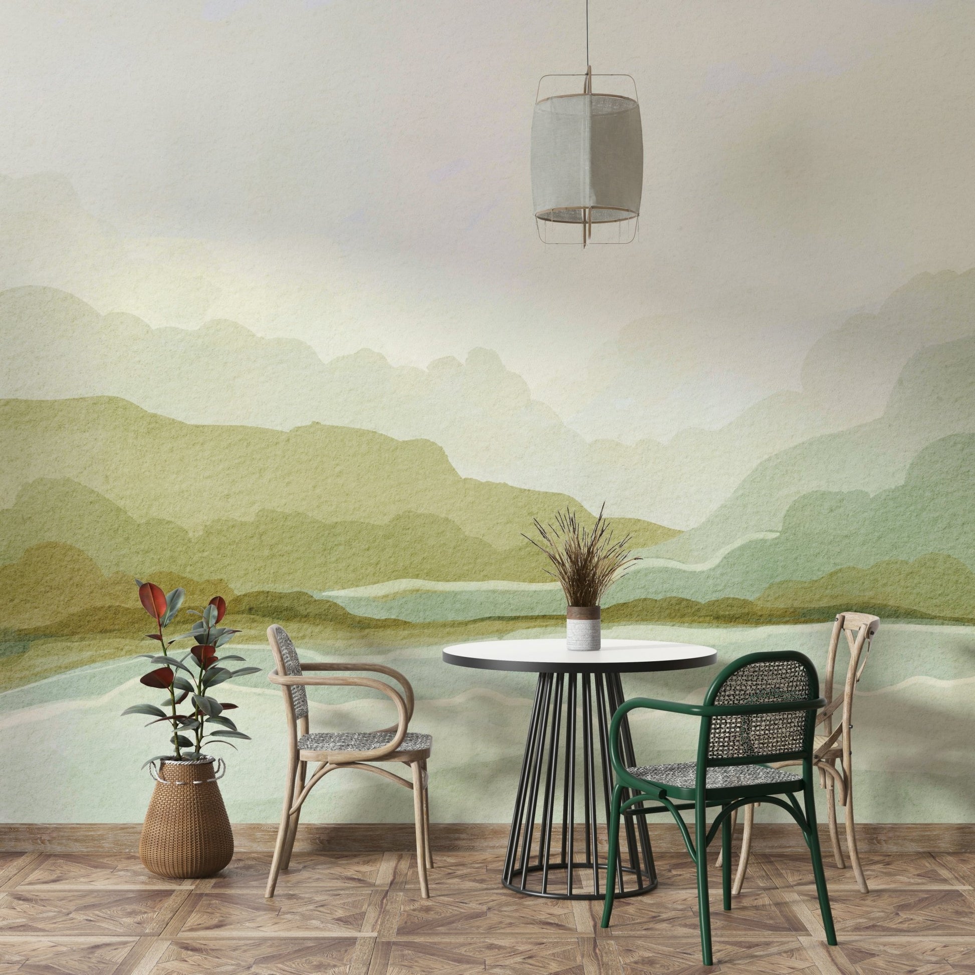 Foggy mountain view mural with majestic scenery

