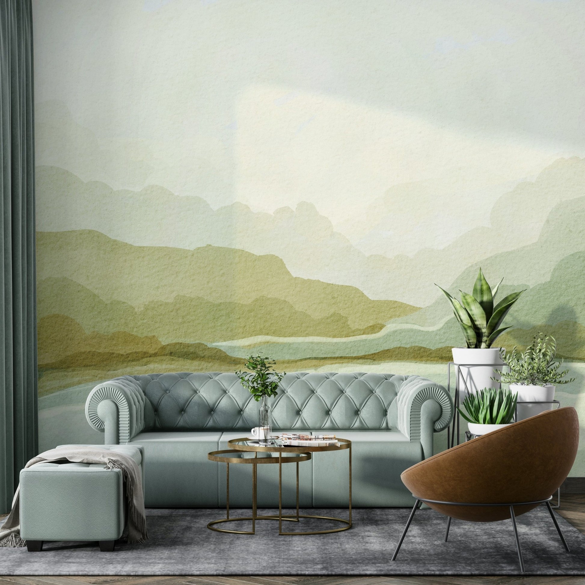 Dramatic mountain wall art with tranquil colors

