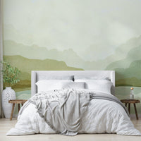 Misty mountain mural with a peaceful atmosphere

