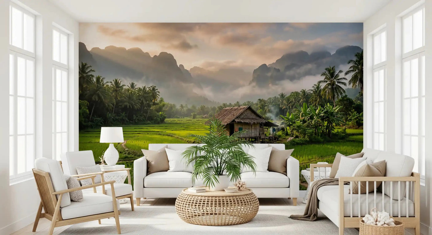 Large lounge with the detailed Misty Mountain Rice Fields landscape wall mural.GD9463