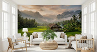 Large lounge with the detailed Misty Mountain Rice Fields landscape wall mural.GD9463