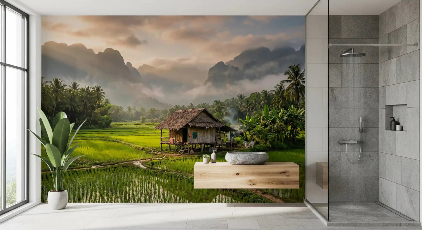 Traditional wooden hut in the Rice Fields wall mural landscape detail.GD9463