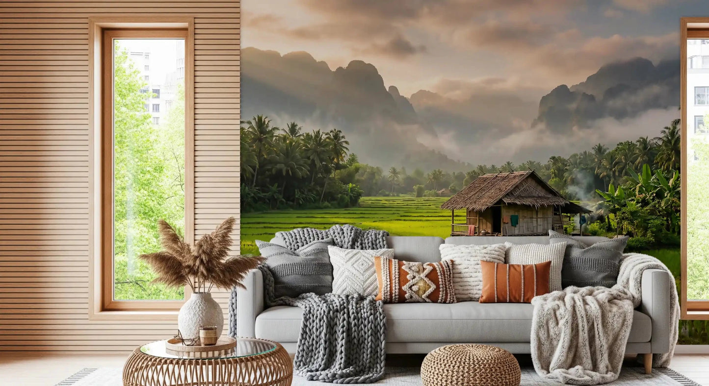 Lounge area featuring the Mountain Rice Fields wall mural landscape.GD9463