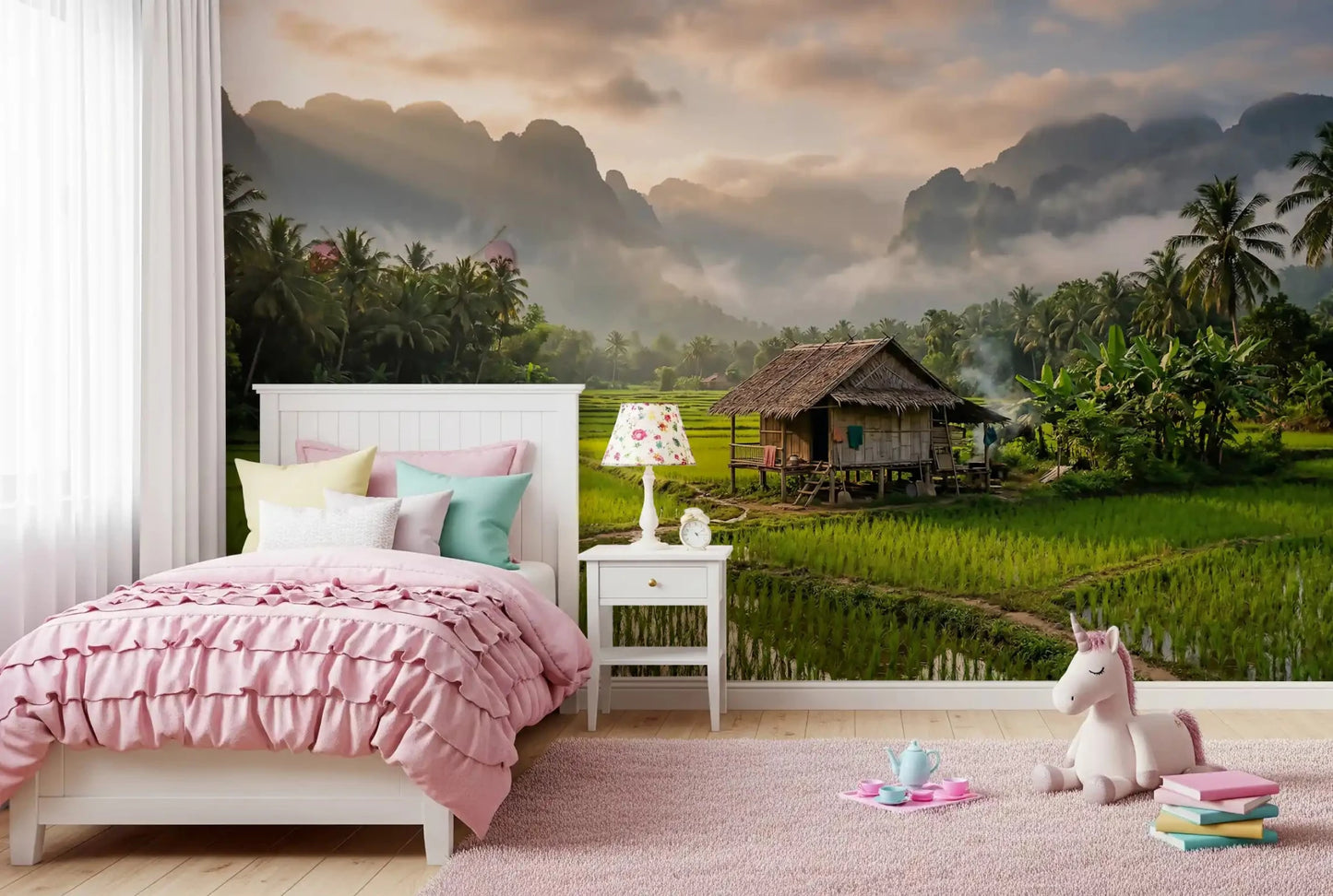 Kids room decorated with the Misty Mountain wall mural forest backdrop.GD9463