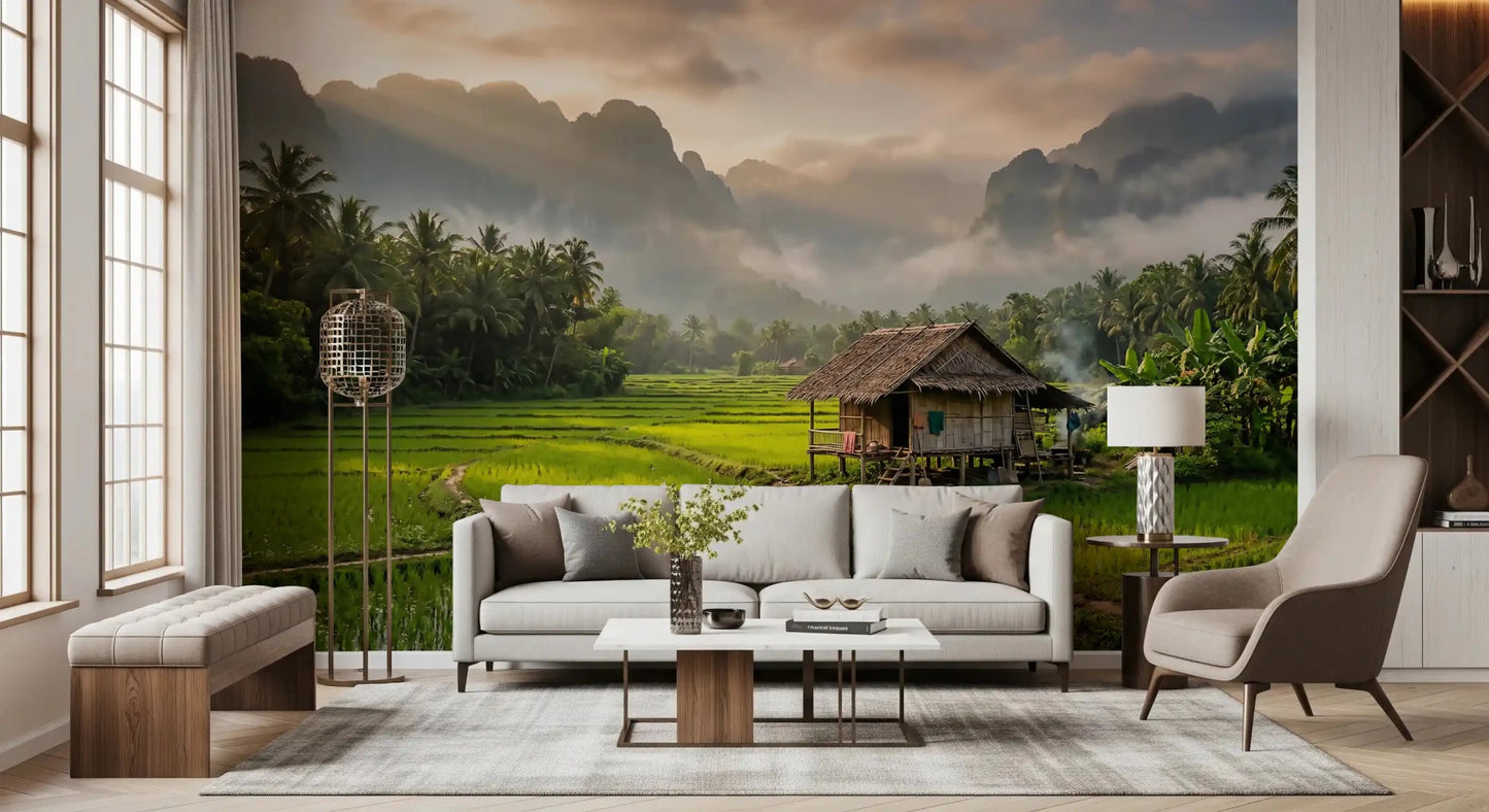 Lush vibrant green terrace pattern on the Misty Mountain wall mural image.GD9463