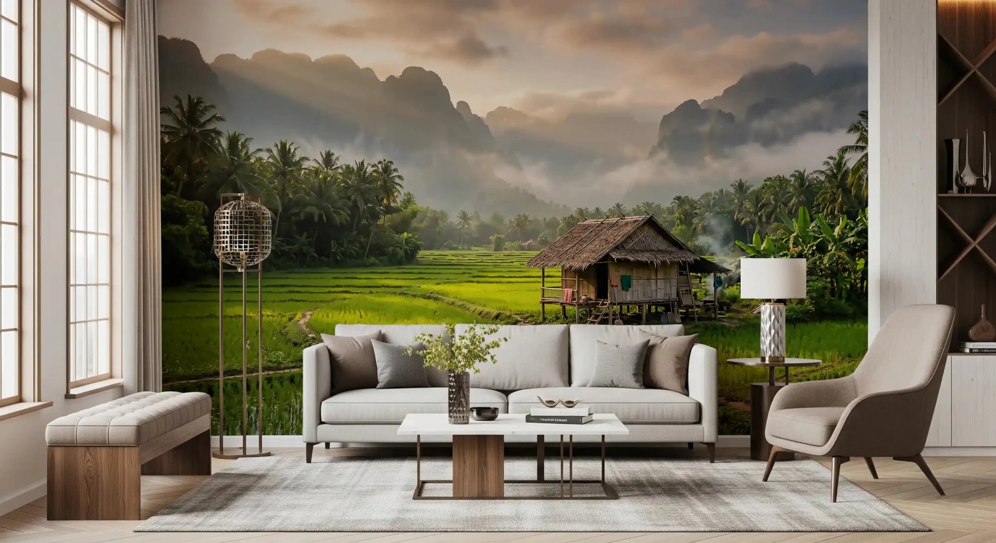 Lush vibrant green terrace pattern on the Misty Mountain wall mural image.GD9463