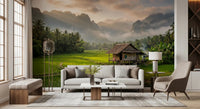 Lush vibrant green terrace pattern on the Misty Mountain wall mural image.GD9463