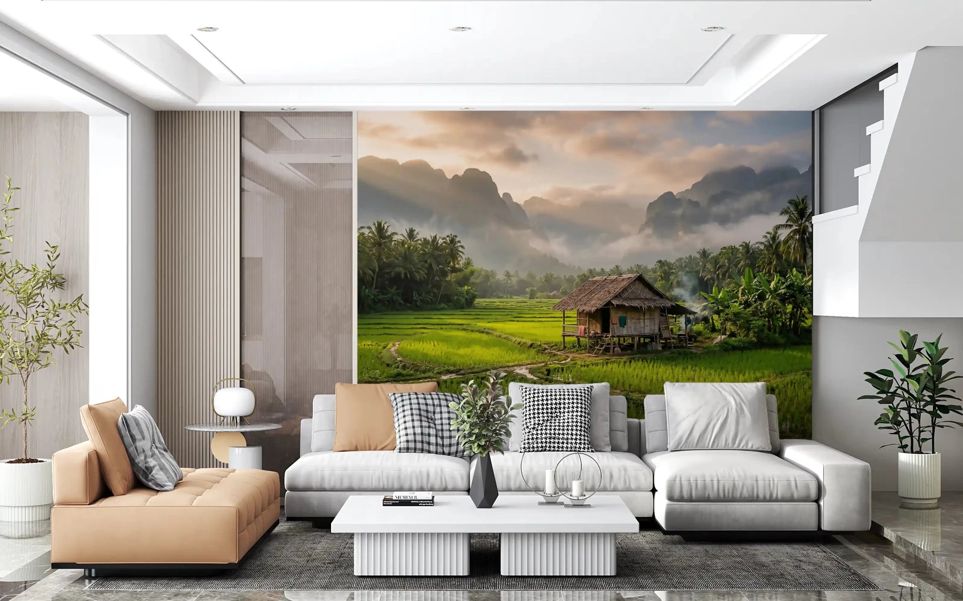Soft fog covering hills in the Rice Fields wall mural nature backdrop.GD9463